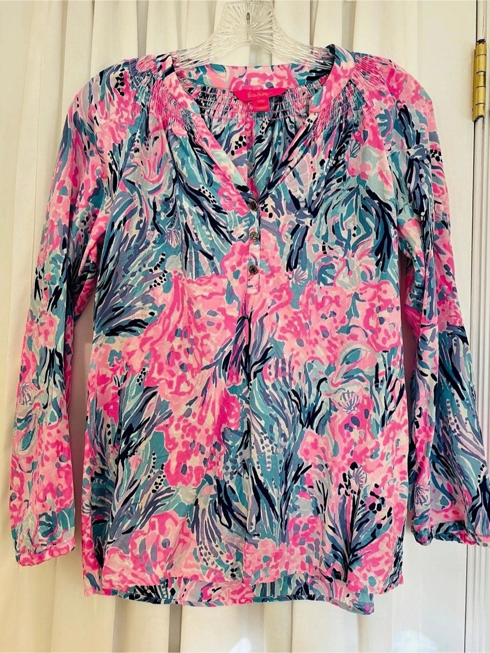Lilly Pulitzer Lourdes Long Sleeve Top Floral Pink & Blue Medium